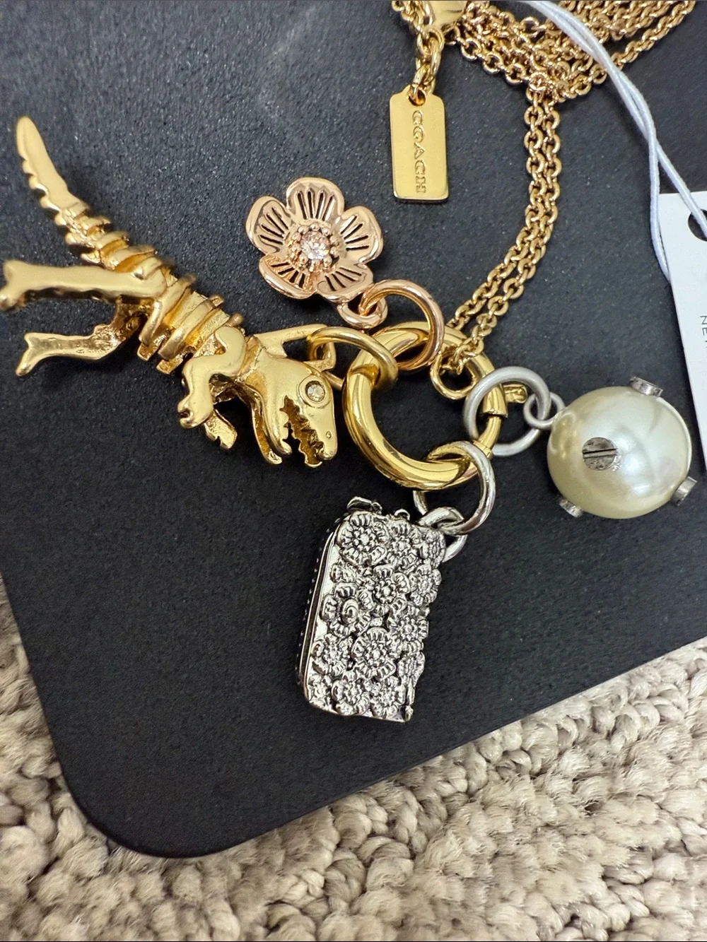 Rare COACH Rexy Gold-Tone Multi-Charm Necklace with Rexy, Pearl & Floral Charms